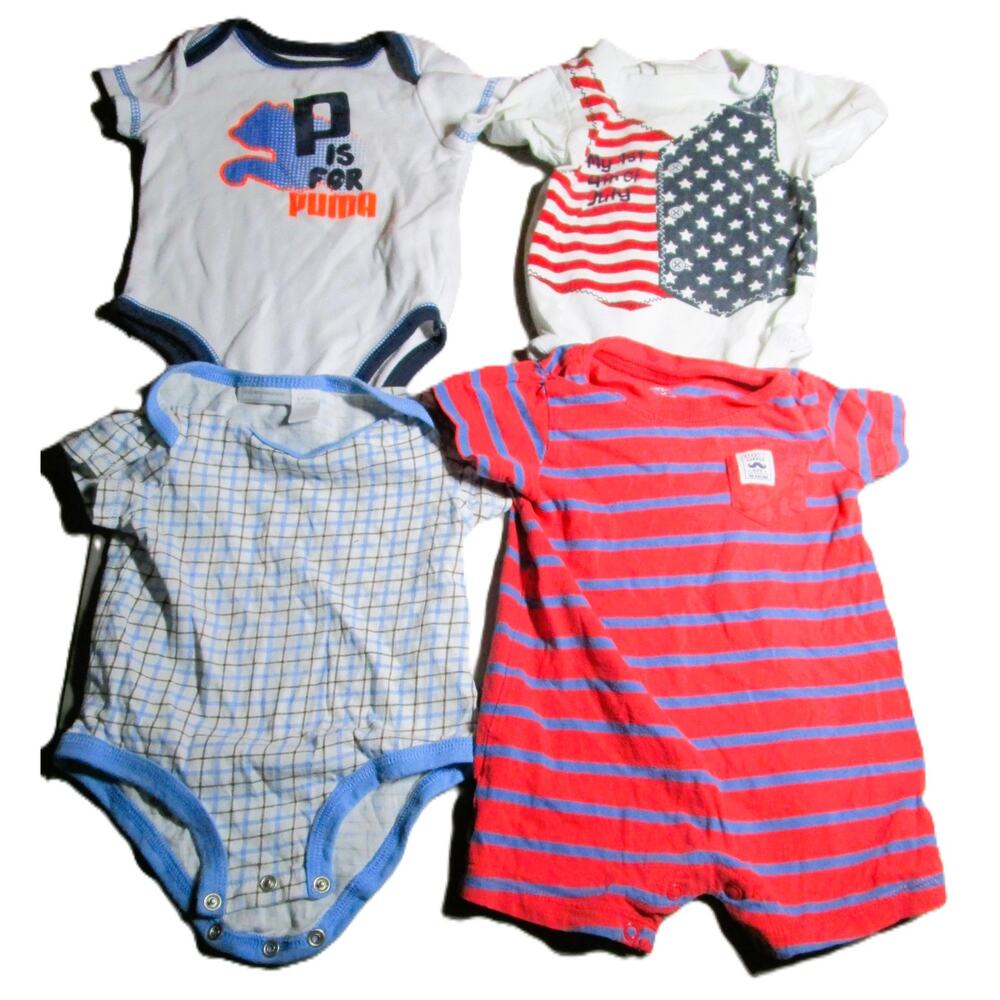 Puma Baby Bodysuit Bundle 4 One-Pieces Cotton Stripes Plaid July 4 Size 6-9 Mos